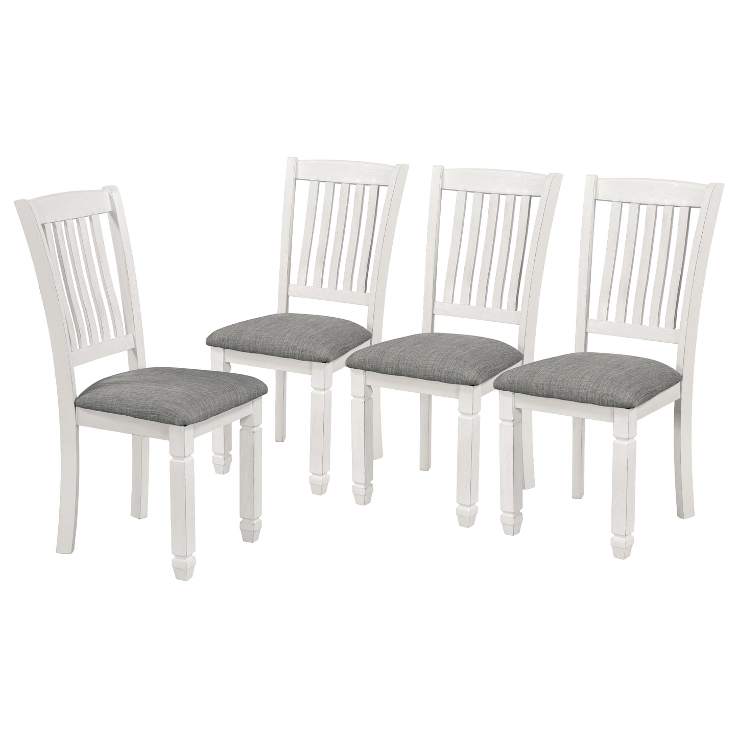 7-piece dining set with upholstered chairs and shaped legs, gray table, white chairs