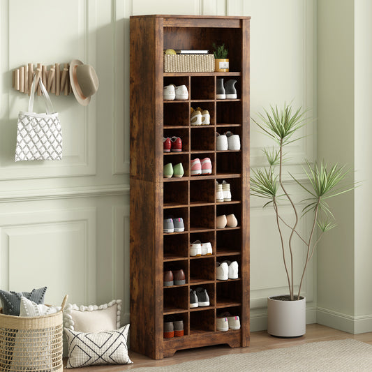 Stylish 30-cubby shoe cabinet, rustic brown