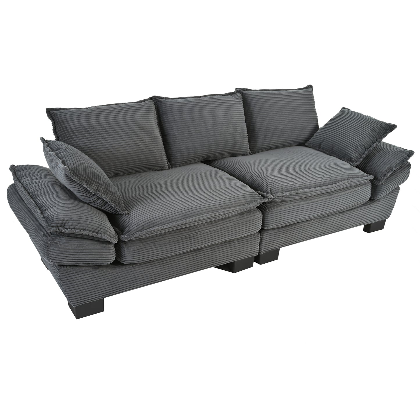 85.4" U-Style Curved Sofa with Throw Pillows, Corduroy Fabric