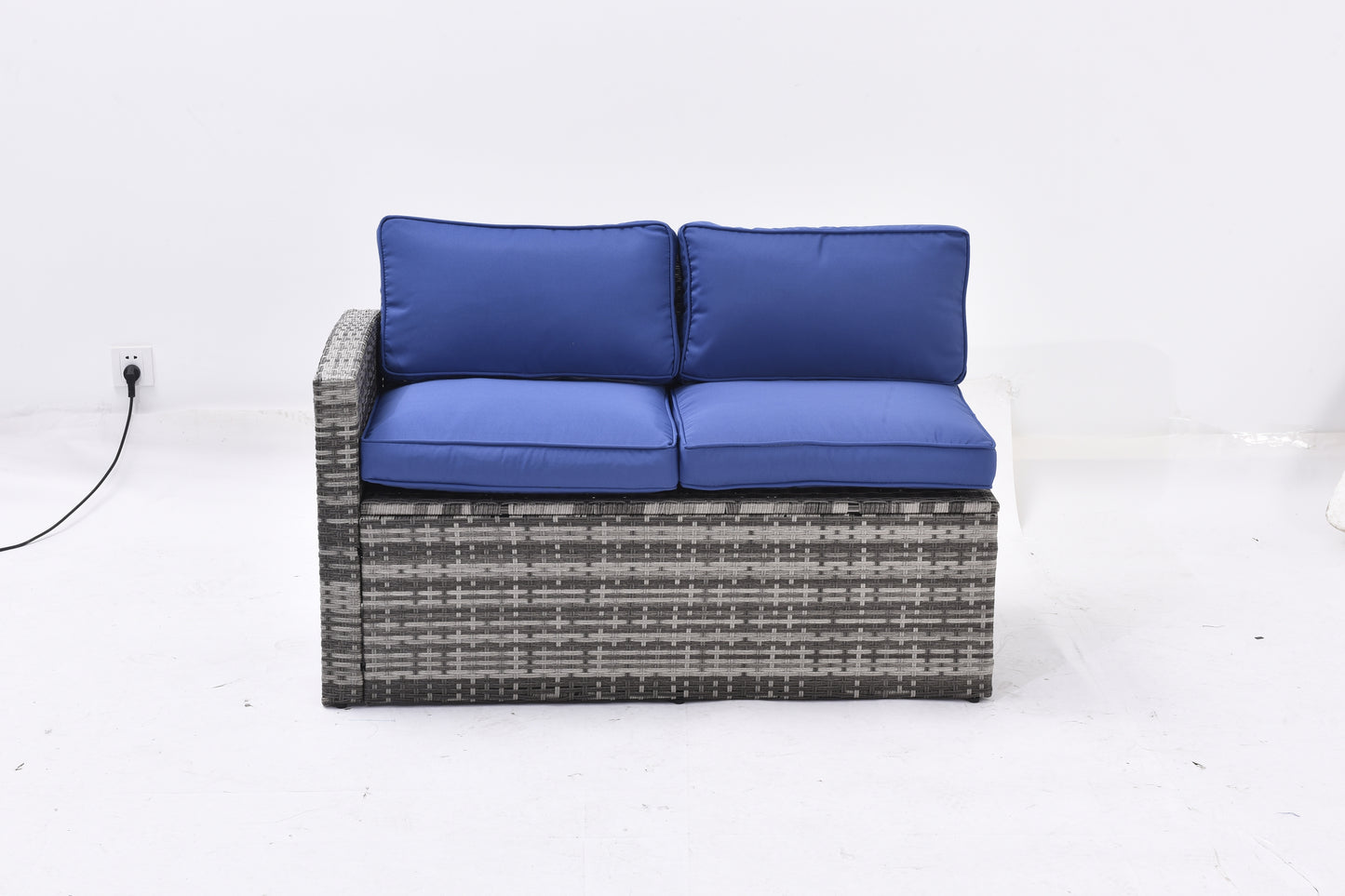 7-piece outdoor sectional sofa set with dining table, grey rattan, blue cushions