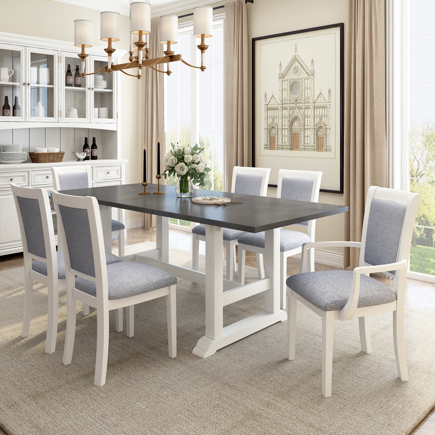 7-piece updated extendable dining set with removable leaf, white finish