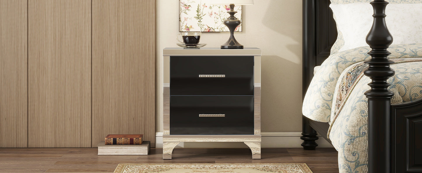 Elegant high gloss nightstand with 2 drawers, mirrored, black