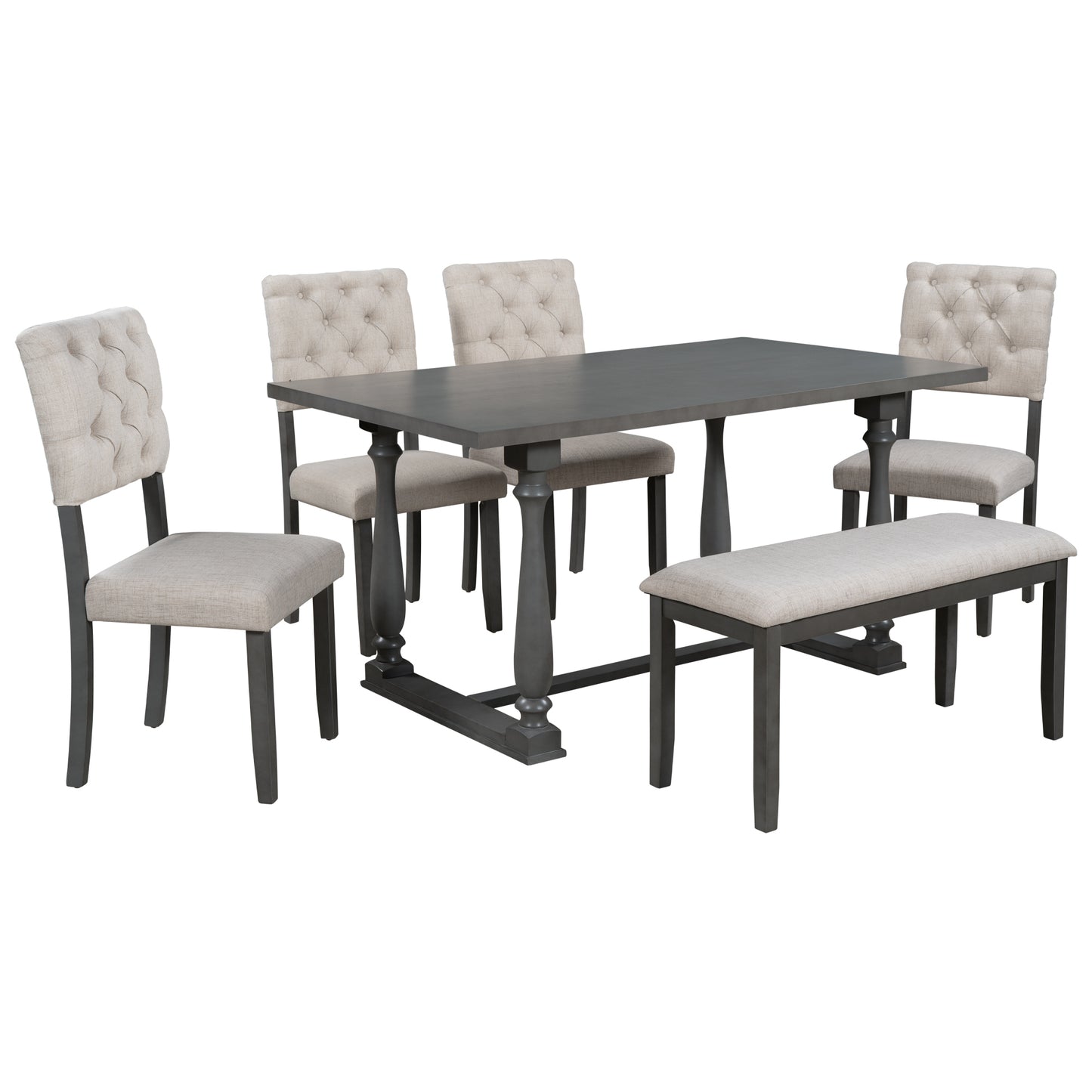 6-piece dining set with special-shaped legs and cushioned seats, gray