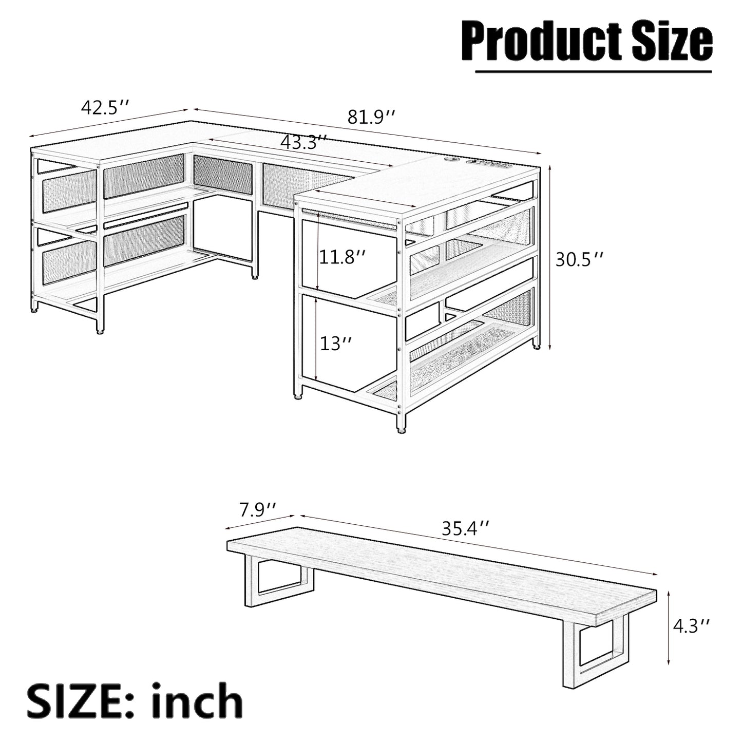 U-Shaped Desk with Power Outlets, LED, Monitor Stand, and Storage