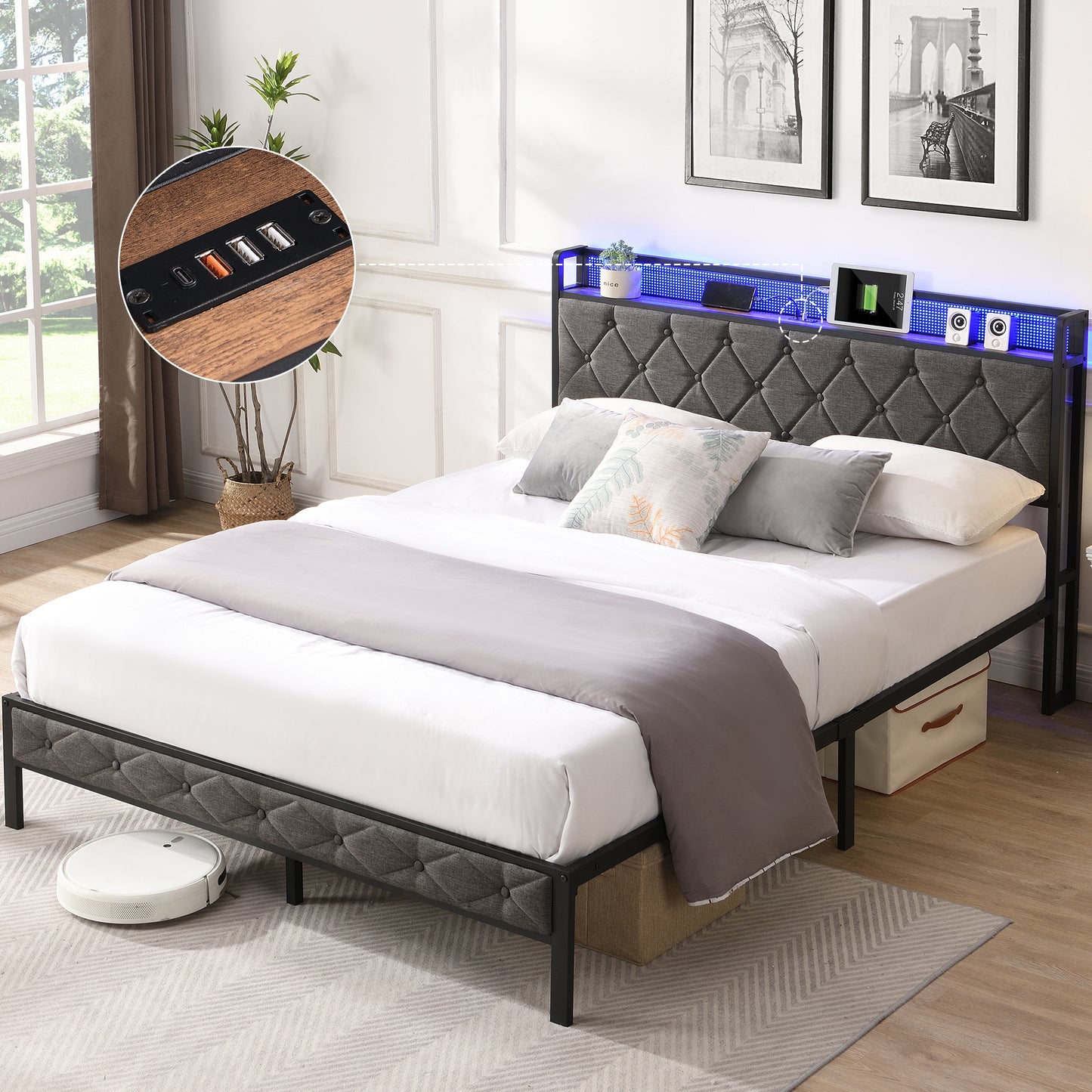 Queen bed frame with storage headboard and LED lights, dark gray