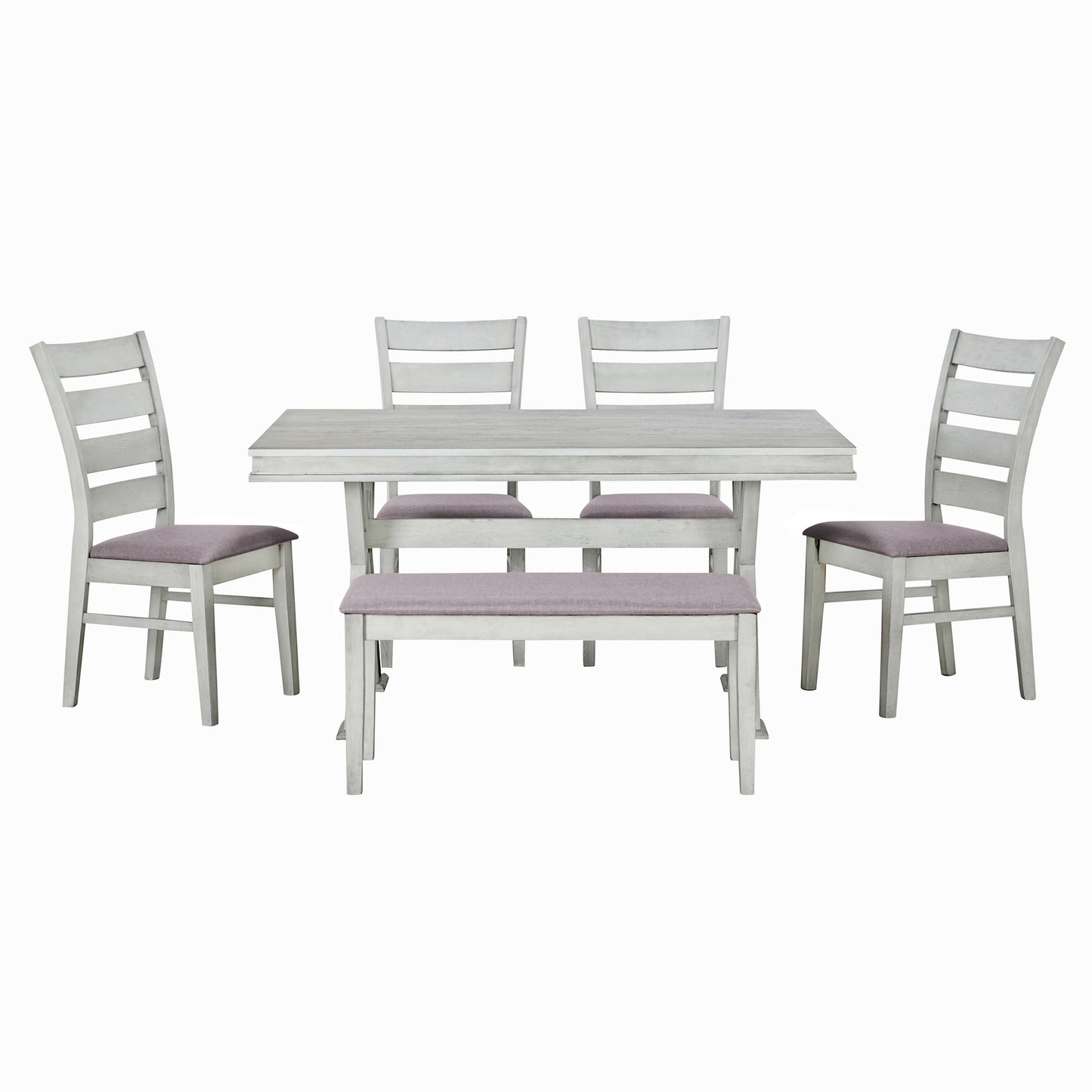 6-piece retro dining set with unique legs, white table, upholstered chairs, and bench