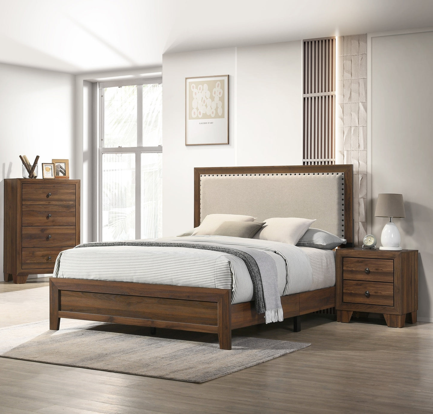 King panel bed with brown cherry finish, upholstered headboard, and tufted nailhead trim