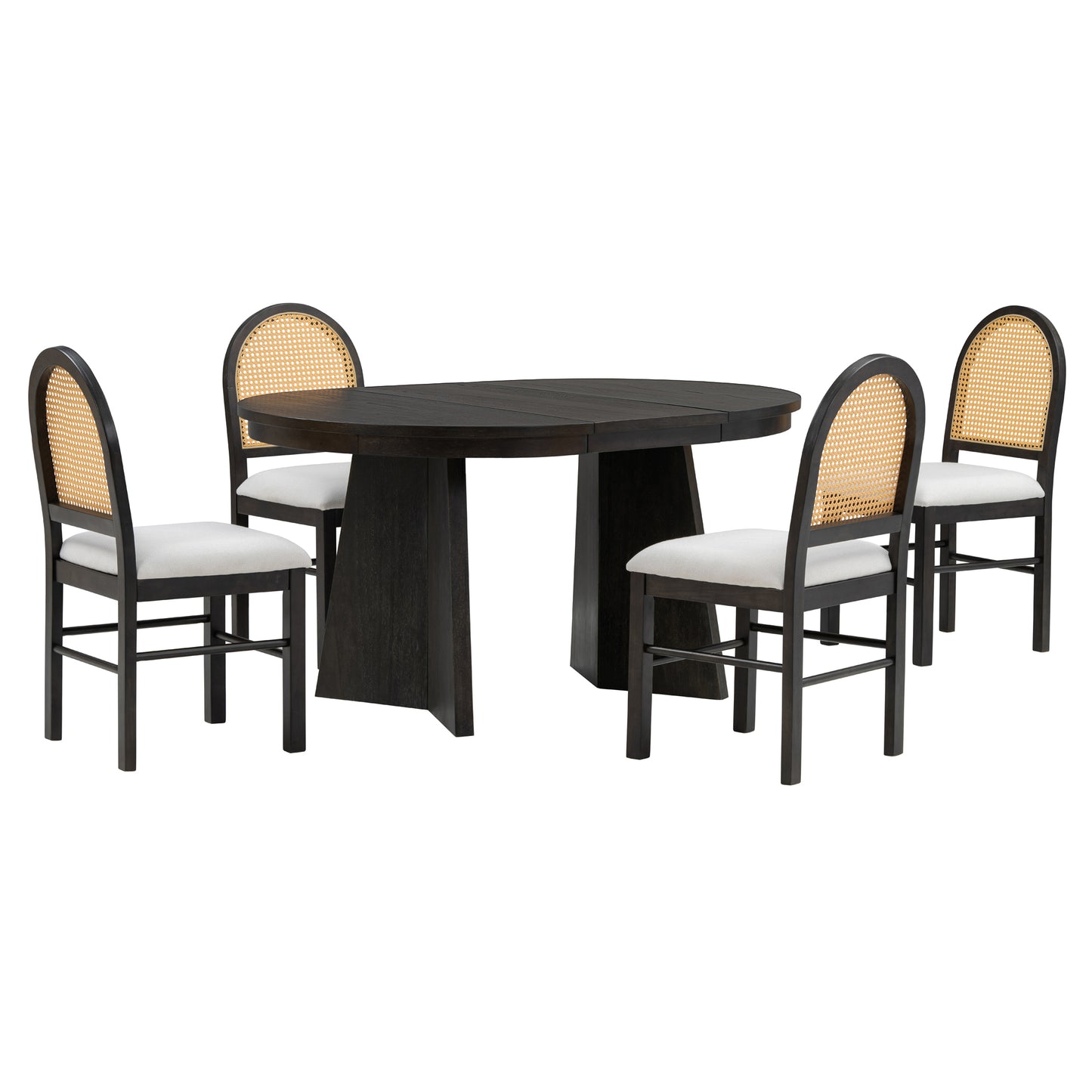 5-piece retro dining set with extendable table and rattan-back chairs, espresso