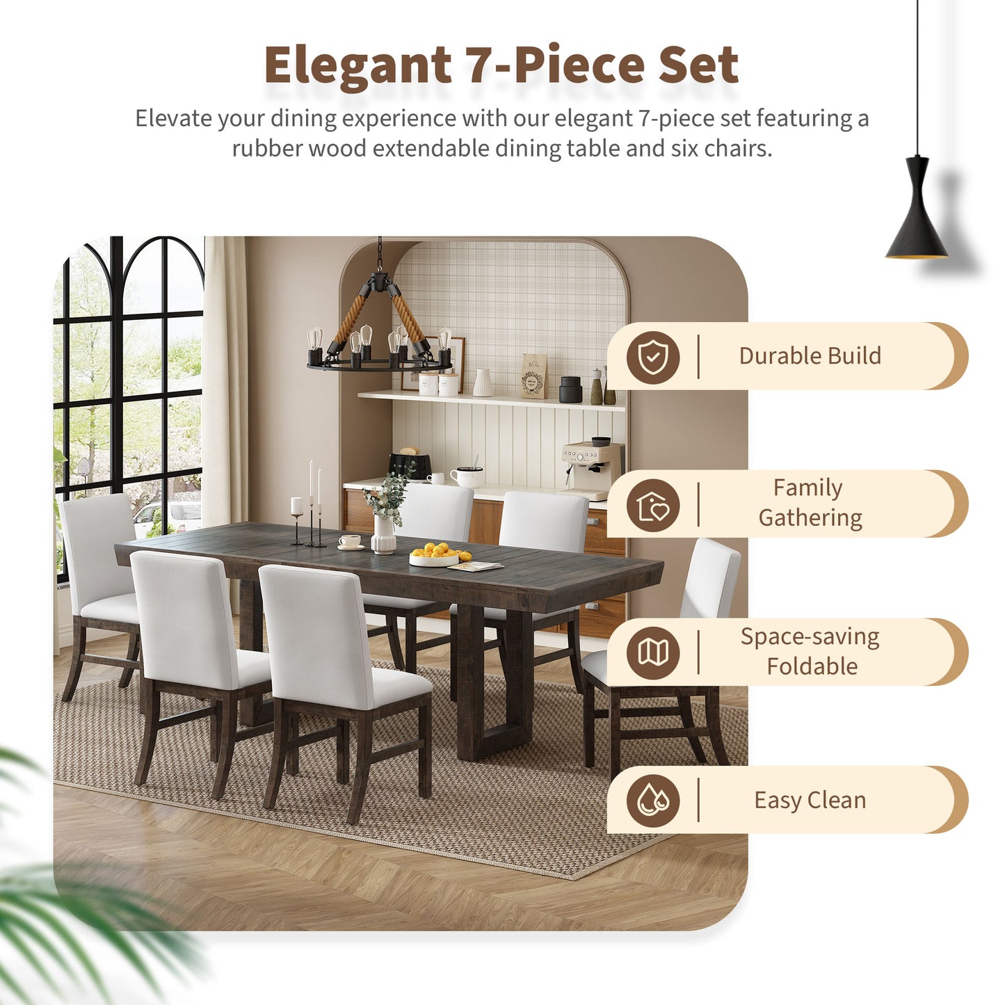 7-piece traditional extendable dining set with butterfly leaf, brown finish