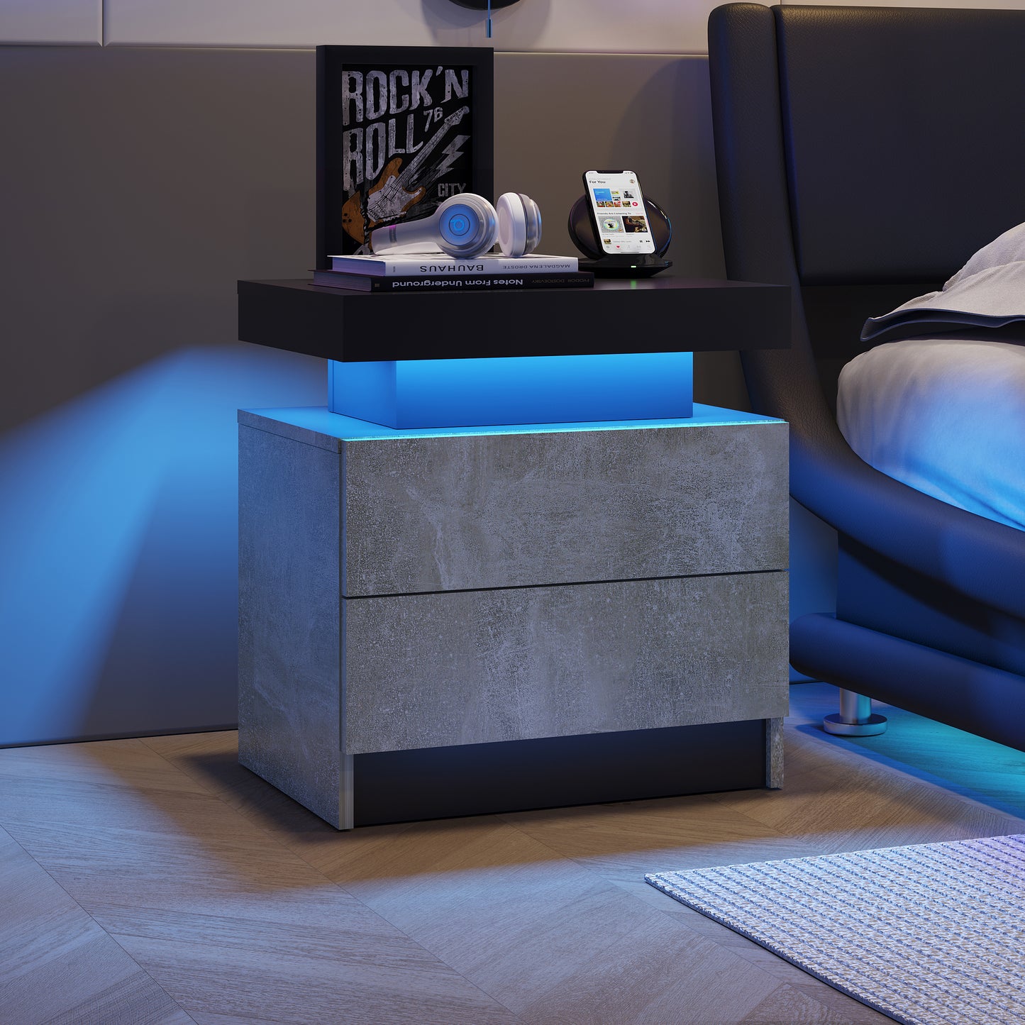 Modern LED nightstand with 2 drawers, gray