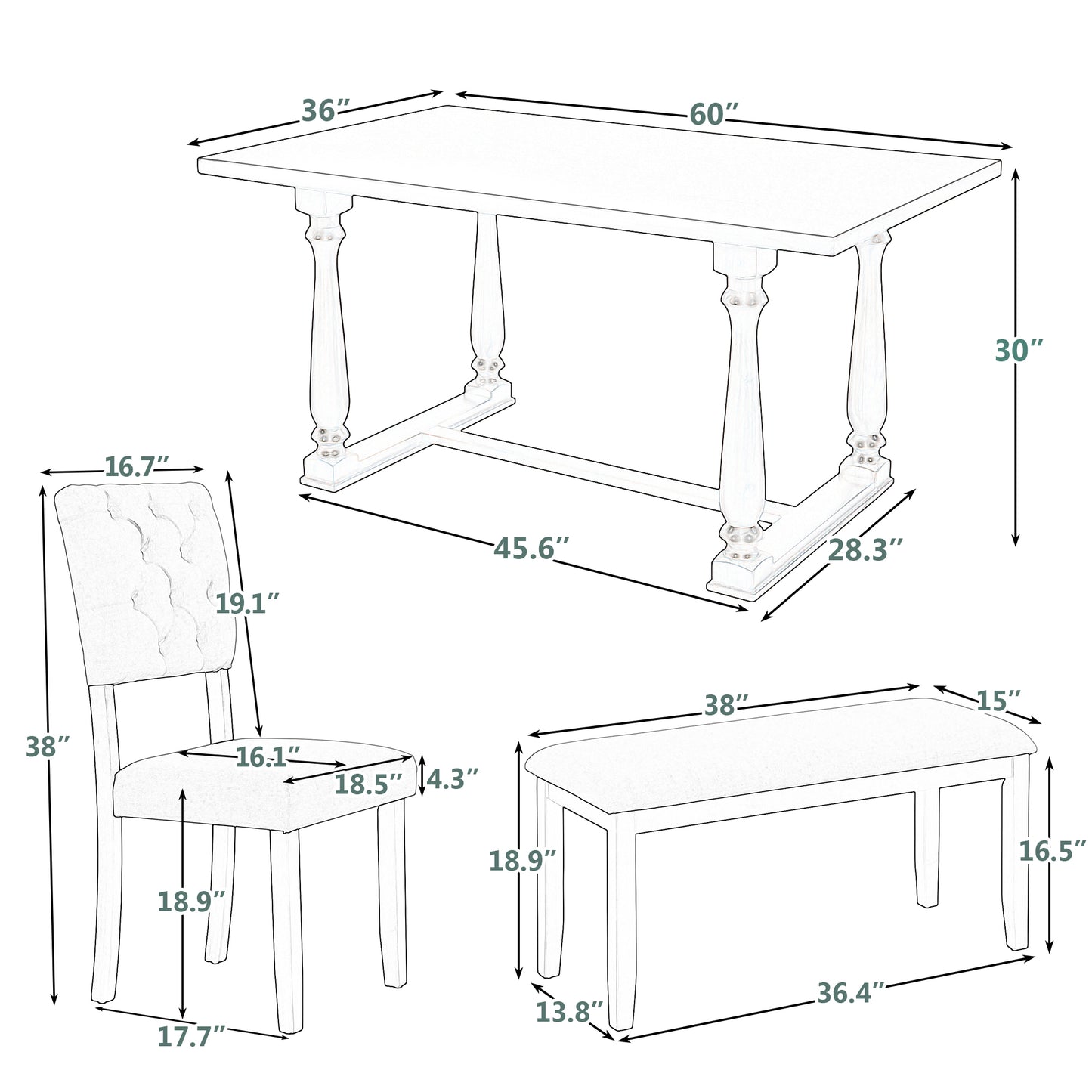 6-piece dining set with special-shaped legs and cushioned seats, gray