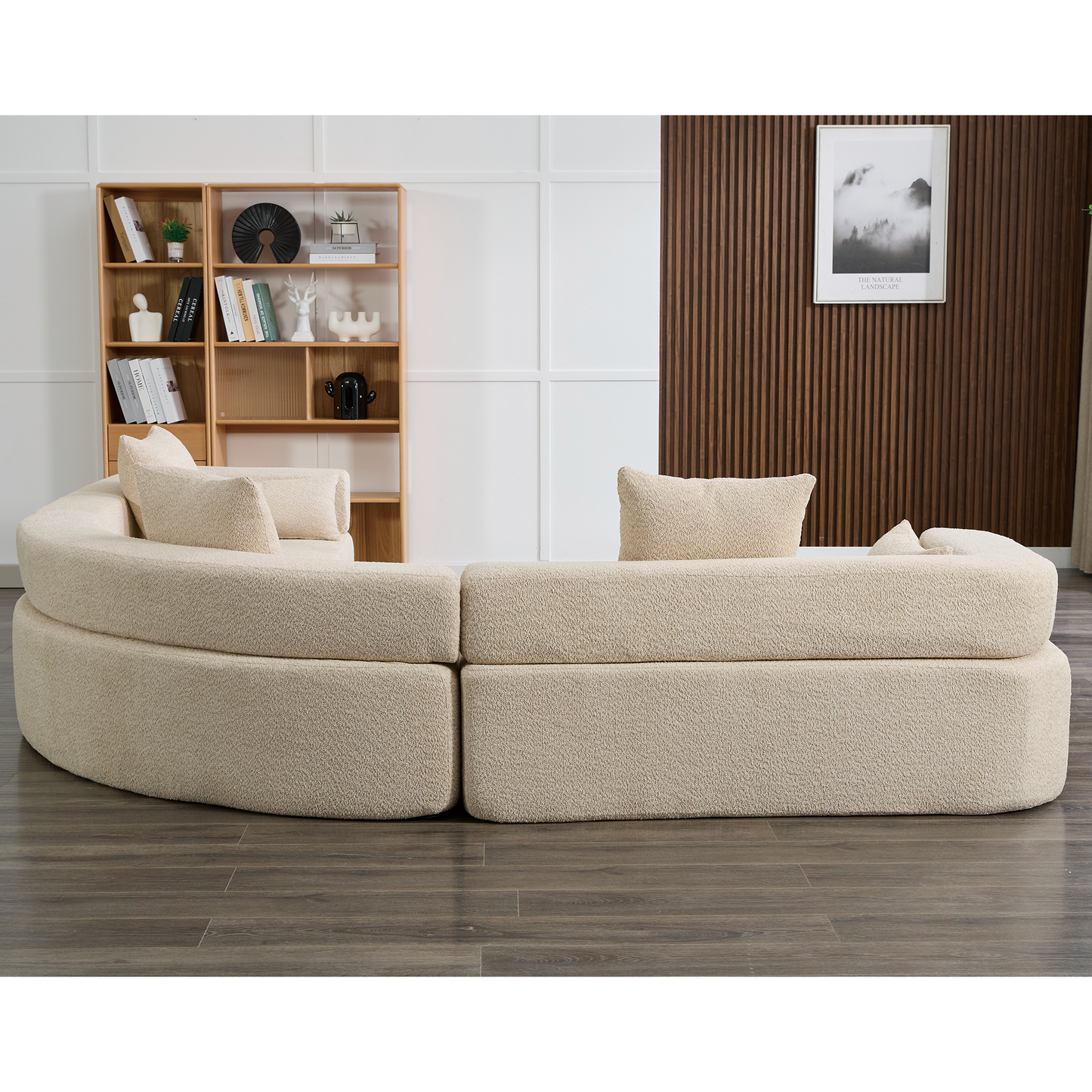 Oversized Curved 4-Seater Modular Sofa, 3-Piece Boucle, Khaki