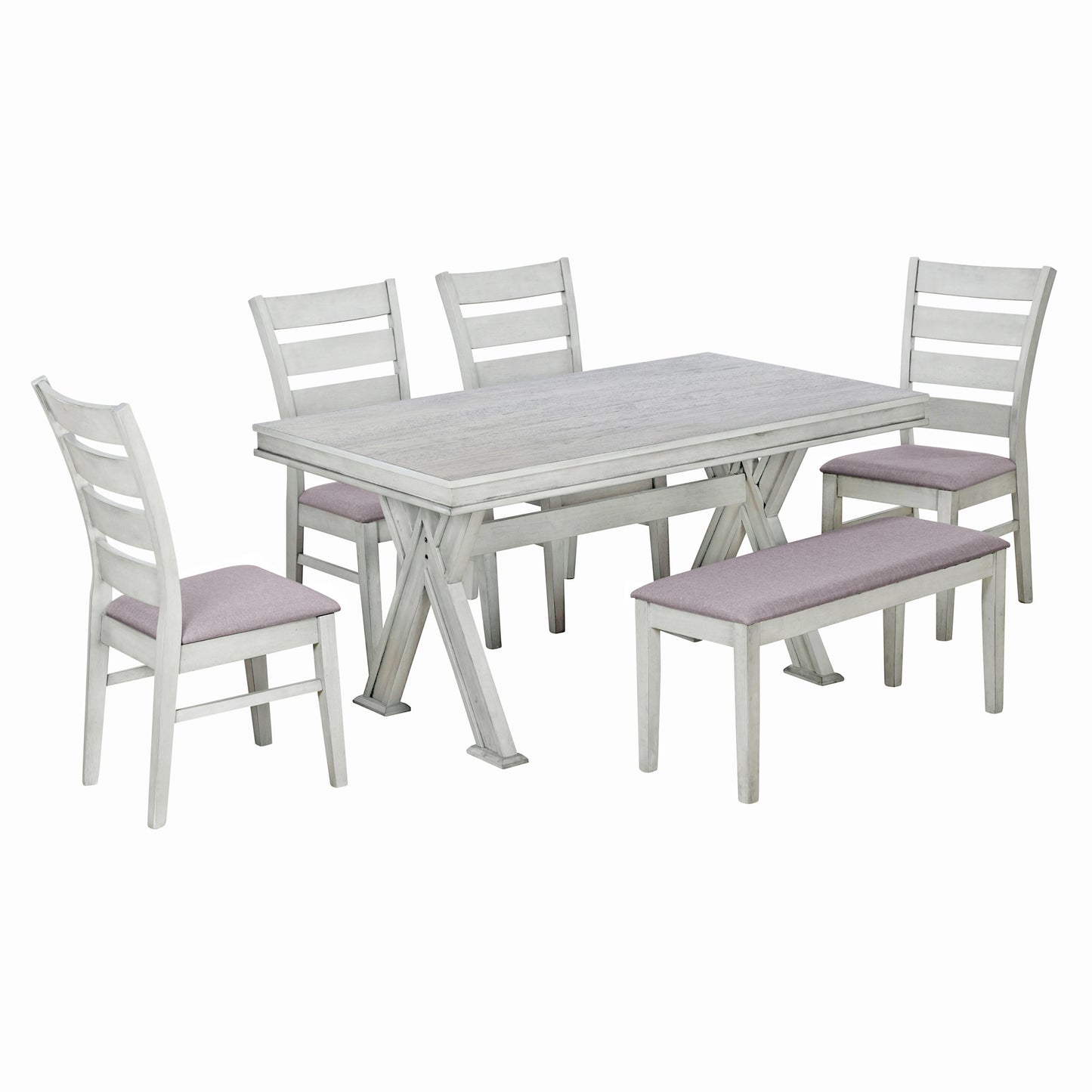 6-piece retro dining set with unique legs, white table, upholstered chairs, and bench