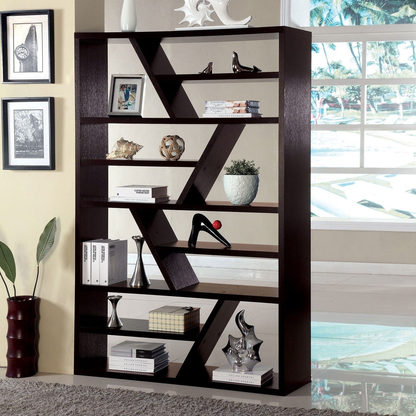 Contemporary Espresso Zig-Zag Display Shelf