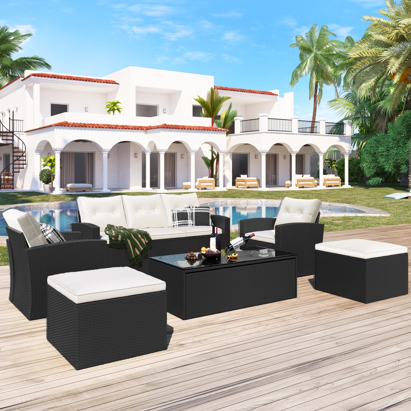 6-piece wicker patio sectional set with coffee table, black wicker, beige cushions