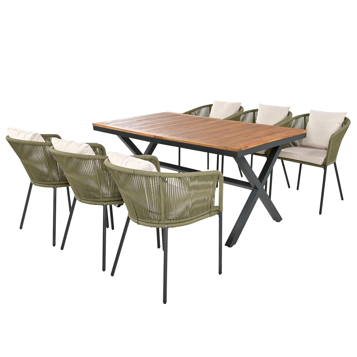 7-piece patio dining set with acacia wood tabletop, green