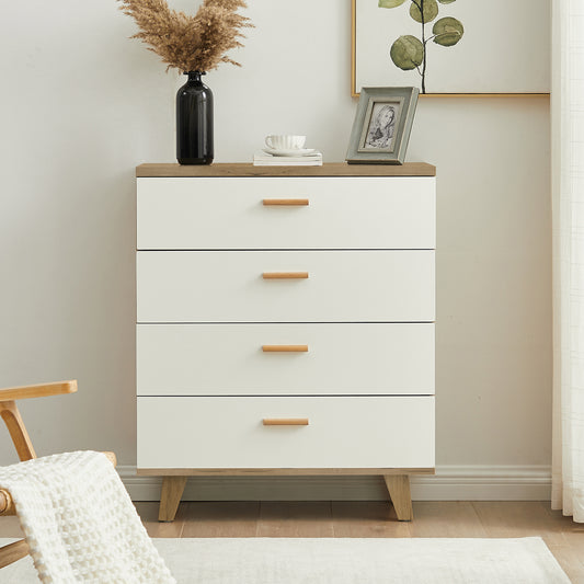 Drawer dresser and sideboard storage cabinet with solid wood handles and legs, brown and white