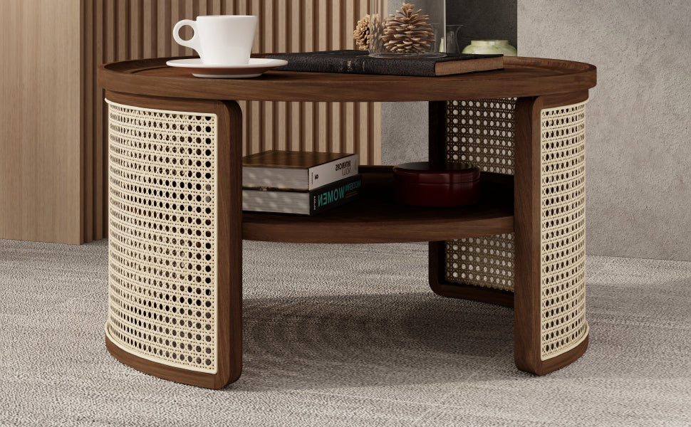 2-Tier Walnut Coffee Table with Rattan Base