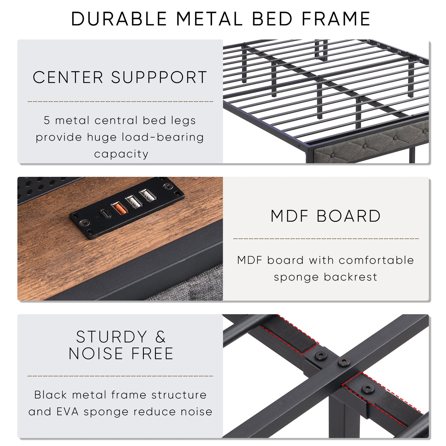 Queen bed frame with storage headboard and LED lights, dark gray