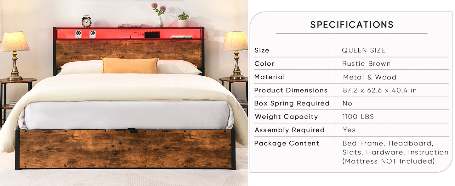 Queen lift-up storage bed frame, rustic brown, with bookcase headboard and LED lights