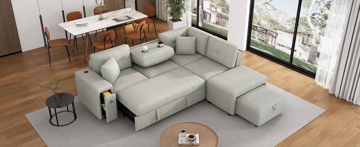 86.6 L-Shaped Sofa Bed with Ottoman, USB Ports & Cup Holders, Gray