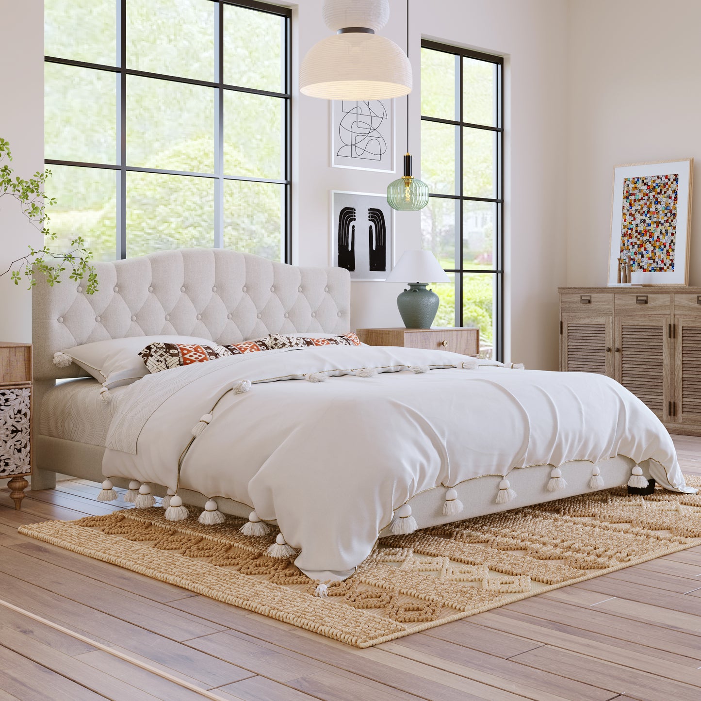 Upholstered king platform bed with curved headboard, beige