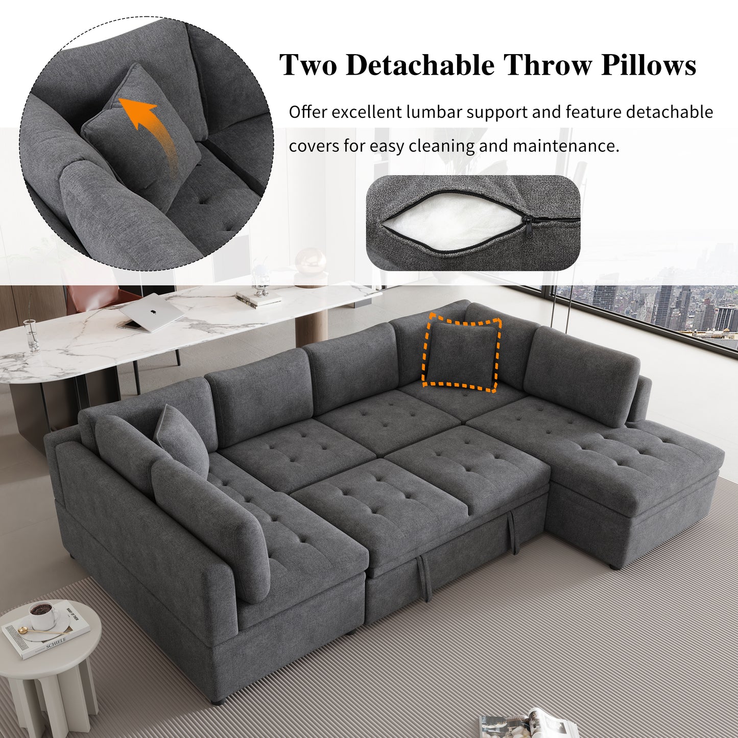 117.3 U-Shaped Sofa Bed with Pillows, Gray