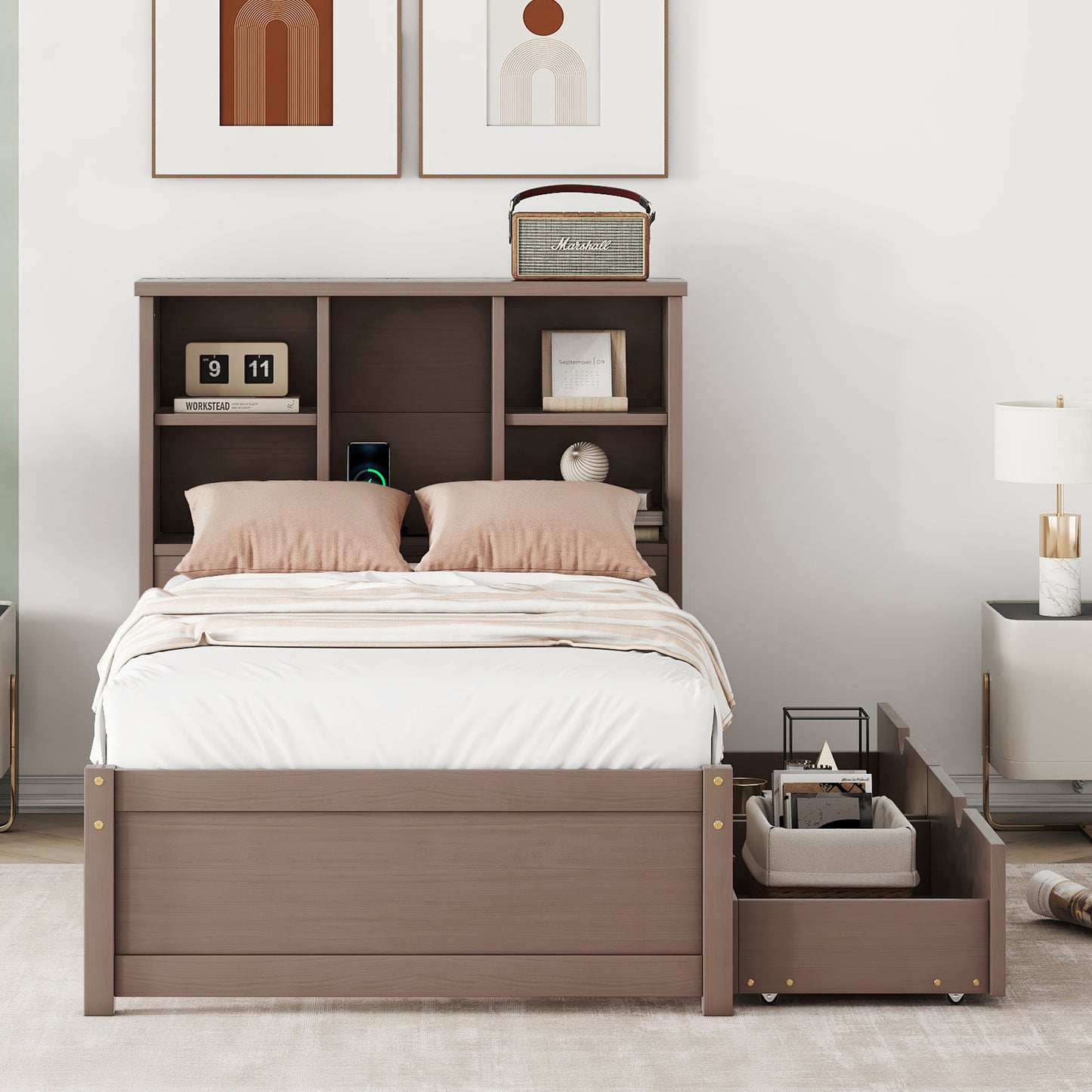 Modern twin bed frame with USB port, bookcase headboard, and drawers, walnut