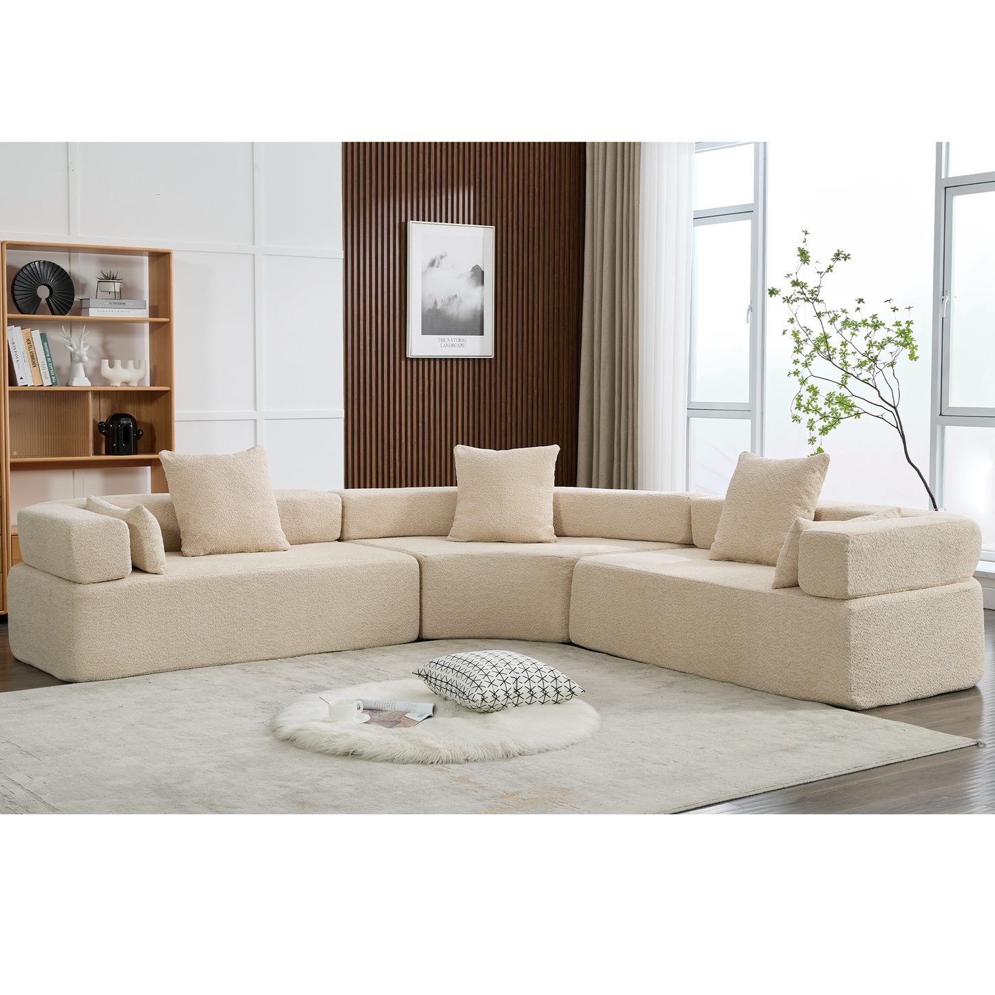 Oversized Curved 4-Seater Modular Sofa, 3-Piece Boucle, Khaki