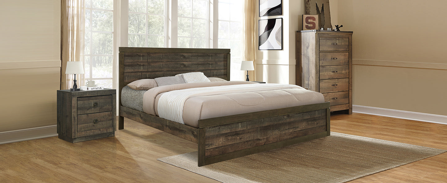 Vintage farmhouse king platform bed with wooden slats, rustic brown