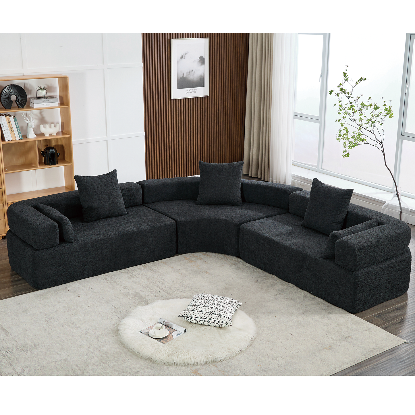 Oversized Curved 4-Seater Modular Sofa, 3-Piece Boucle, Black