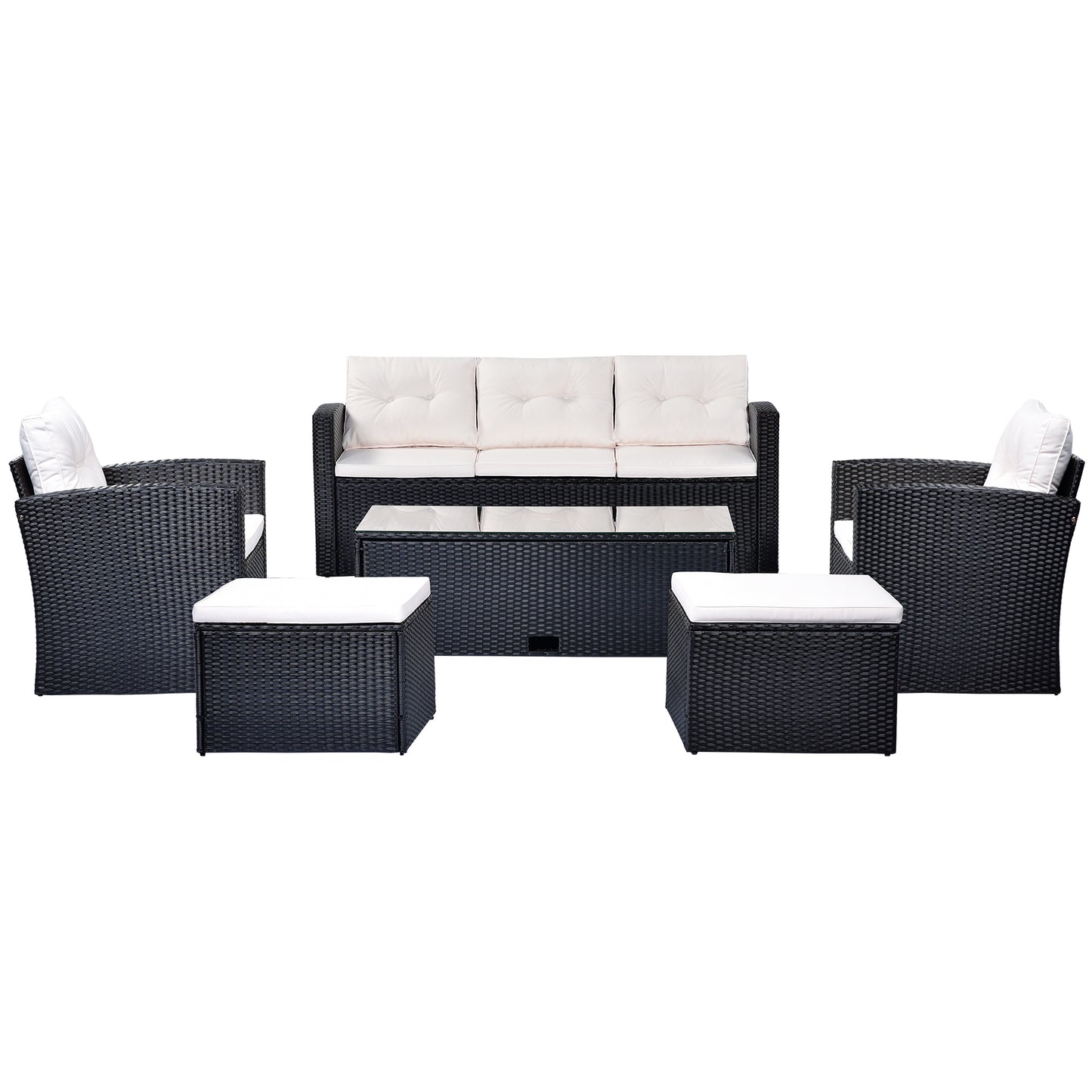 6-piece wicker patio sectional set with coffee table, black wicker, beige cushions