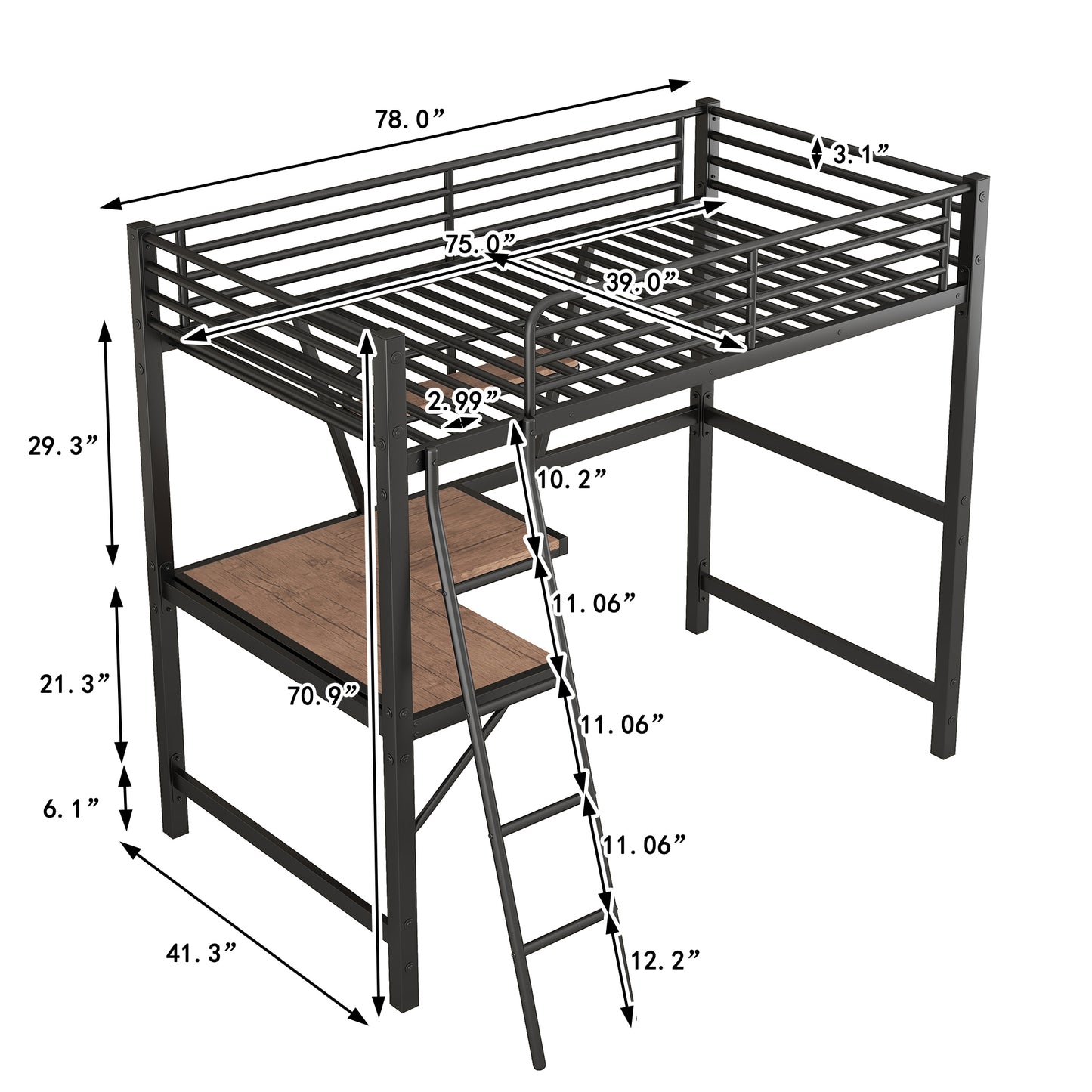 Twin Size Loft Metal & MDF Bed with Desk and Shelf, Black