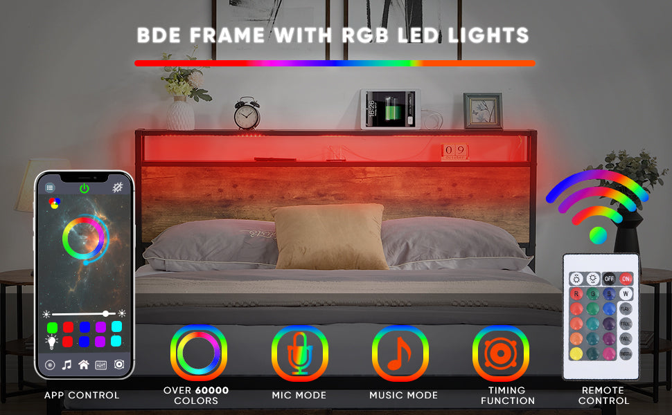 Queen bed frame with storage headboard, drawers, and LED lights