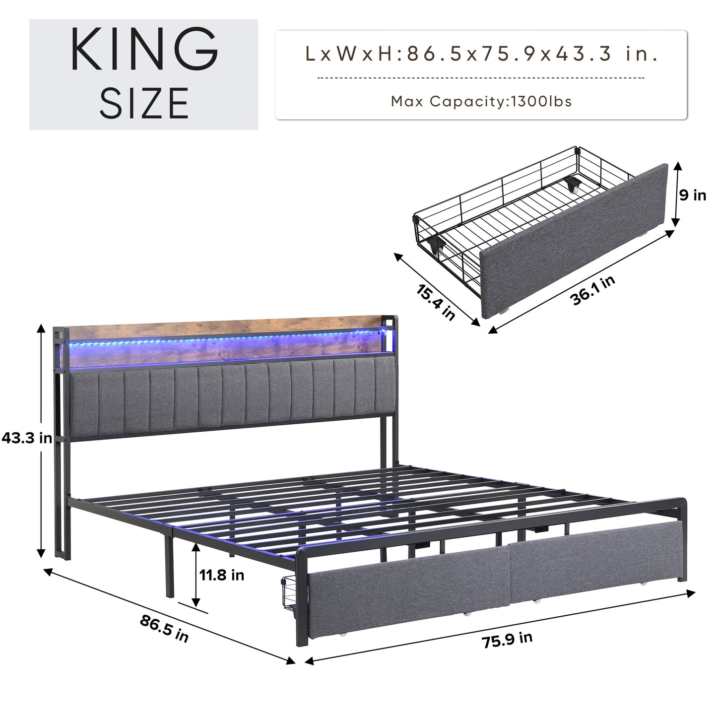 King bed frame with storage headboard, drawers, and LED lights, gray