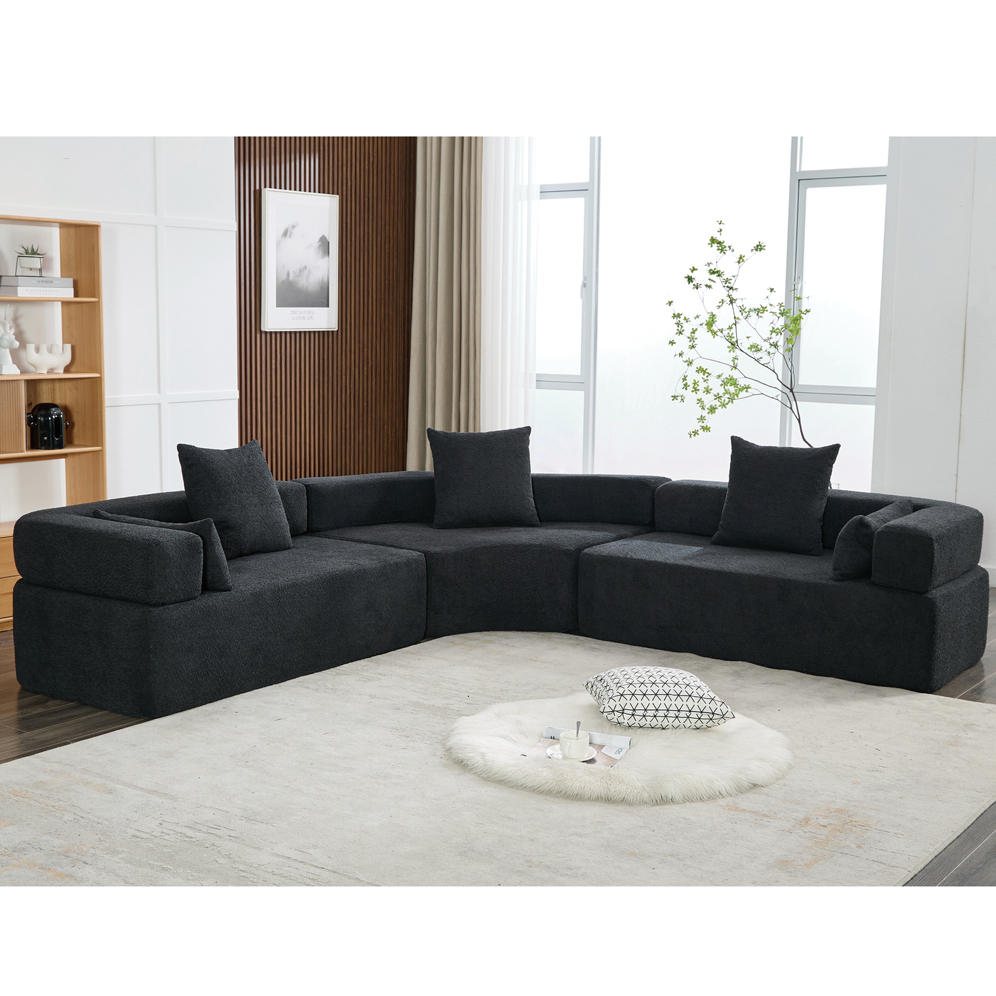 Oversized Curved 4-Seater Modular Sofa, 3-Piece Boucle, Black