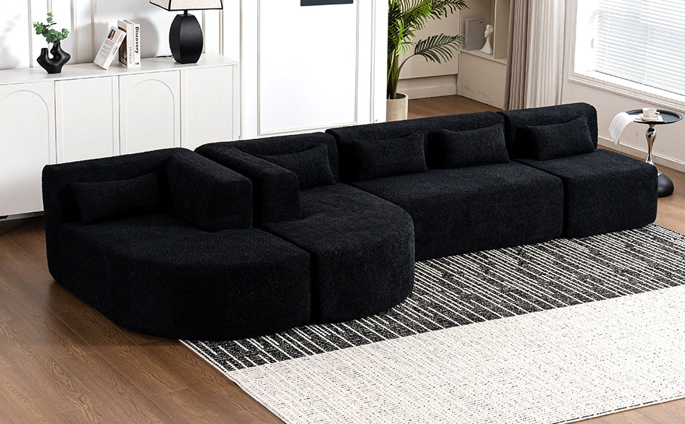 143.7 Upholstered Sofa with Chaise and Back Pillows, Black