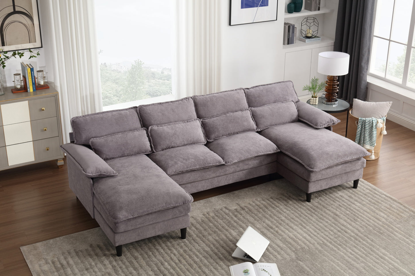 U-Shaped Modular Sectional Sofa with Chaise Lounge, 4 Seater, Terrycloth, Gray