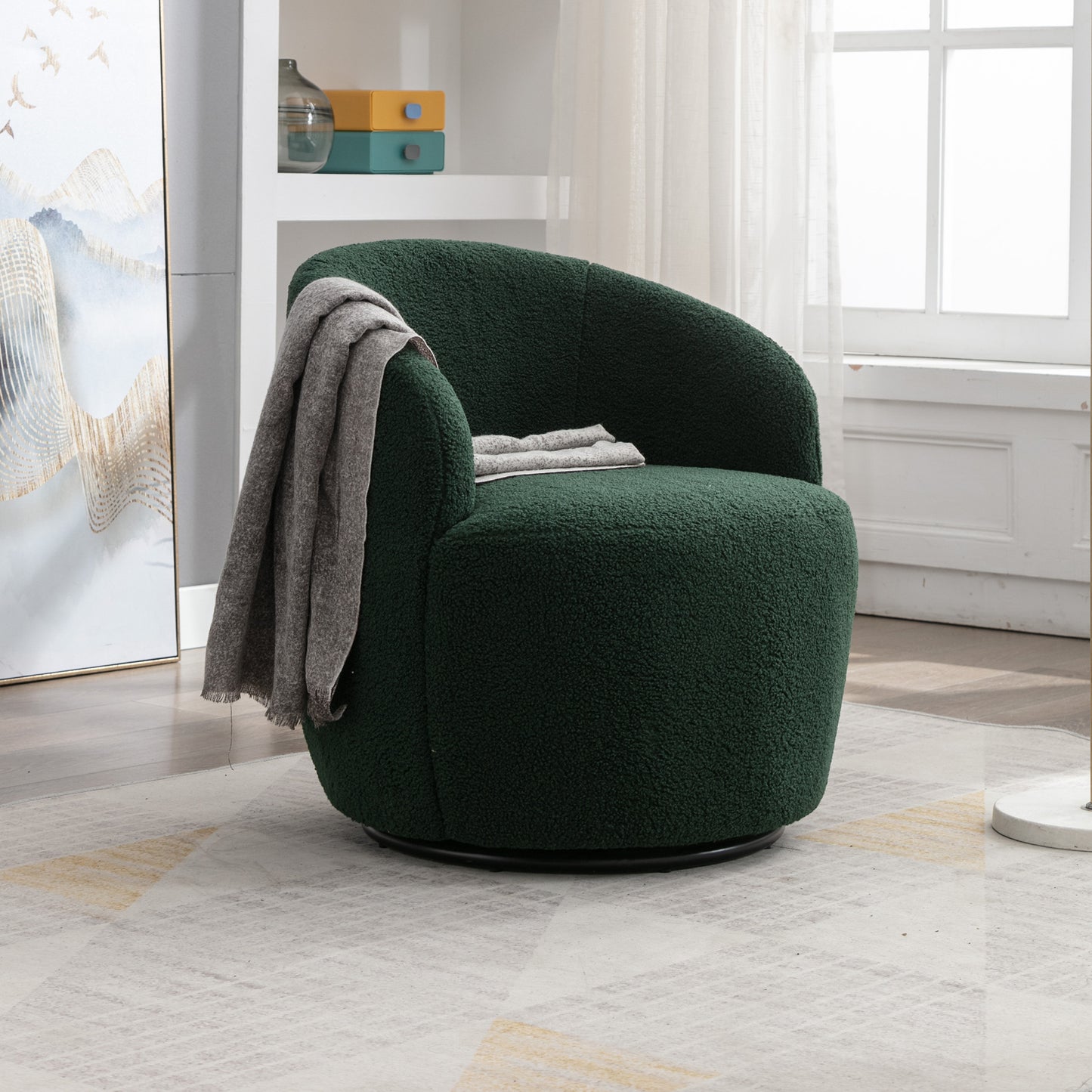 Accent Swivel Armchair with a black metal ring - Dark Green