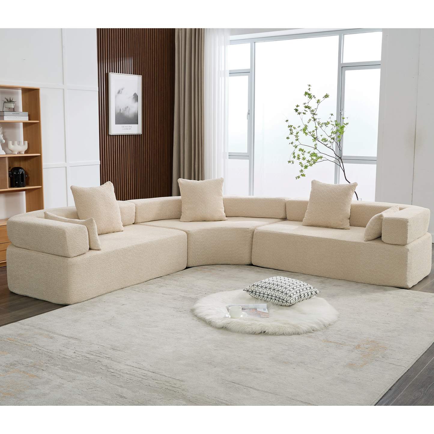 Oversized Curved 4-Seater Modular Sofa, 3-Piece Boucle, Khaki