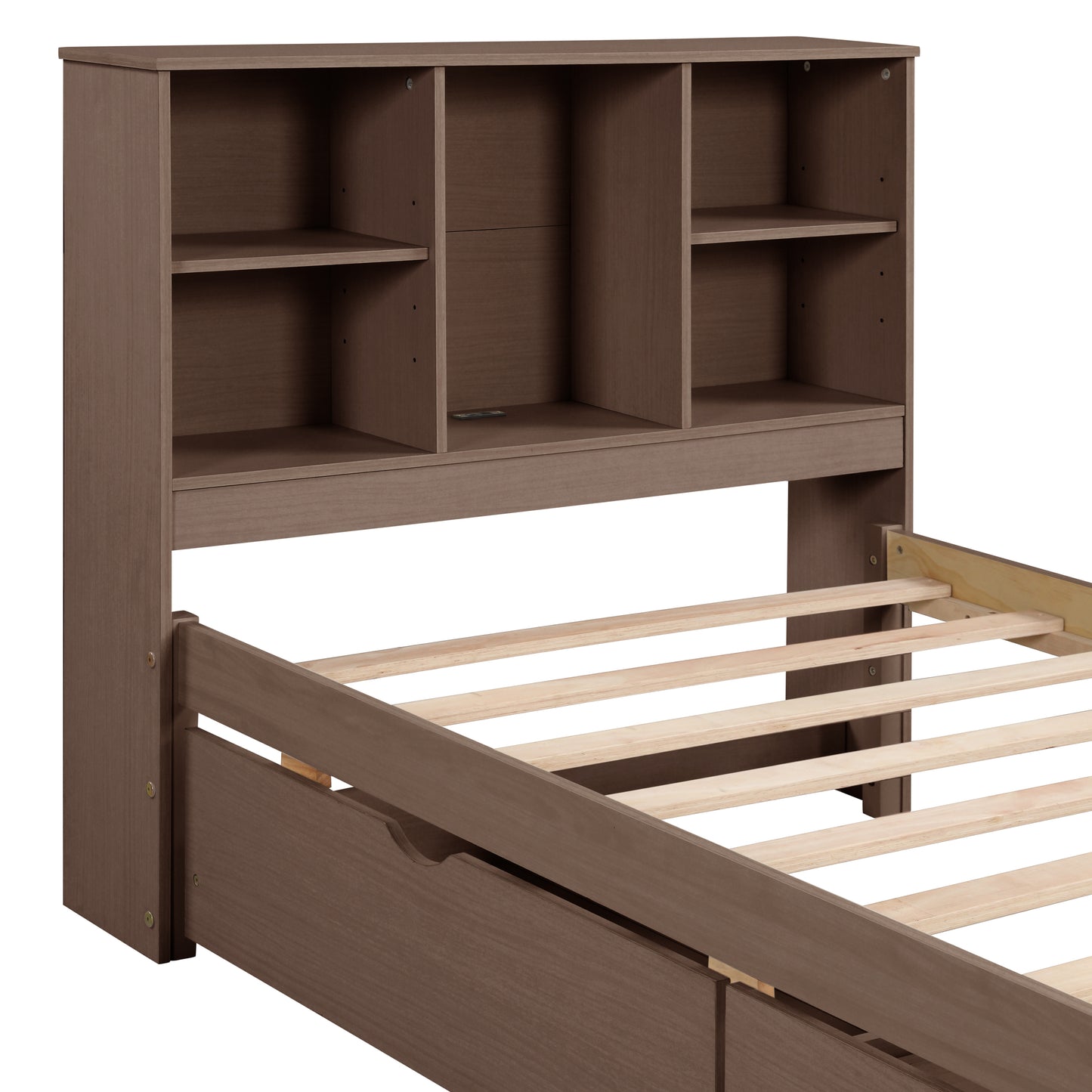 Modern twin bed frame with USB port, bookcase headboard, and drawers, walnut