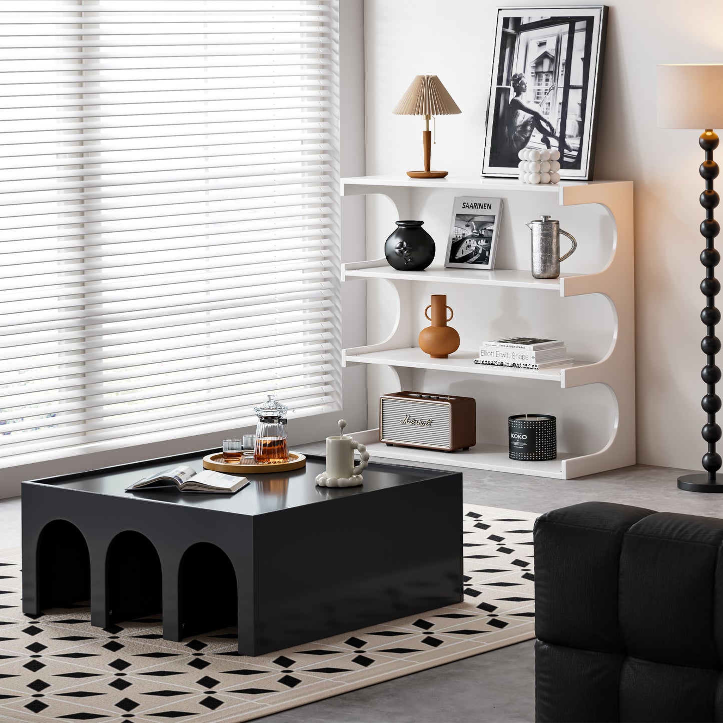 Multifunctional 4-Tier Black Bookshelf & Coffee Table