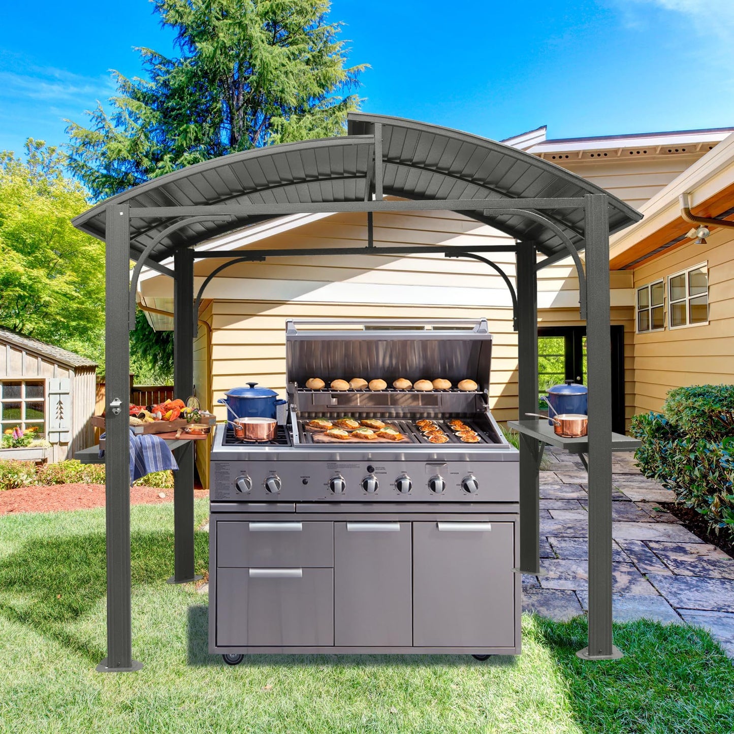 8x5FT Arc Roof BBQ Gazebo with Shelves