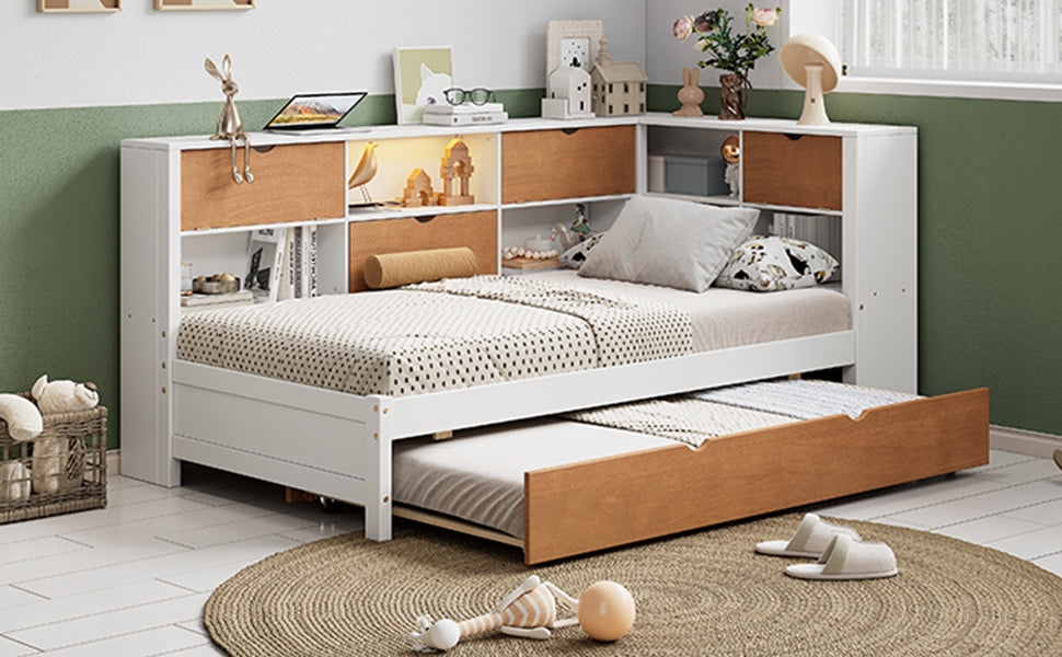 L-shaped twin bed frame with trundle, bookcase, LED light, walnut and white