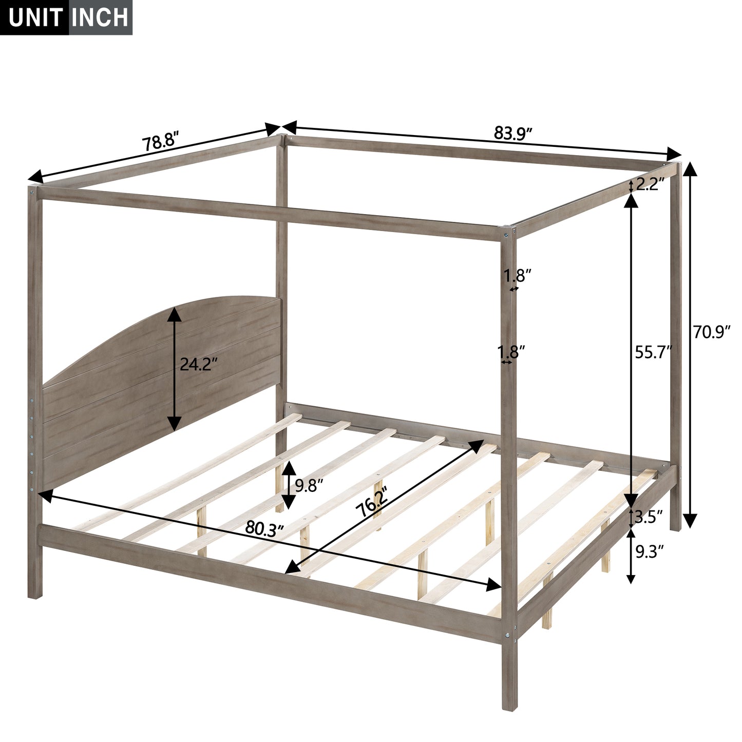 King Size Canopy Platform Bed with Headboard and Support Legs, Brown Wash