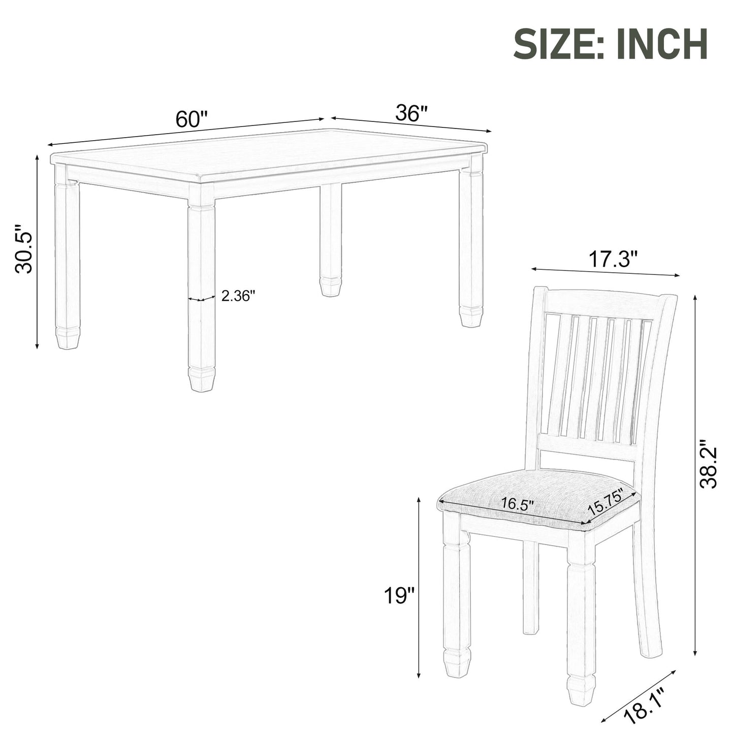 7-piece dining set with upholstered chairs and shaped legs, gray table, white chairs