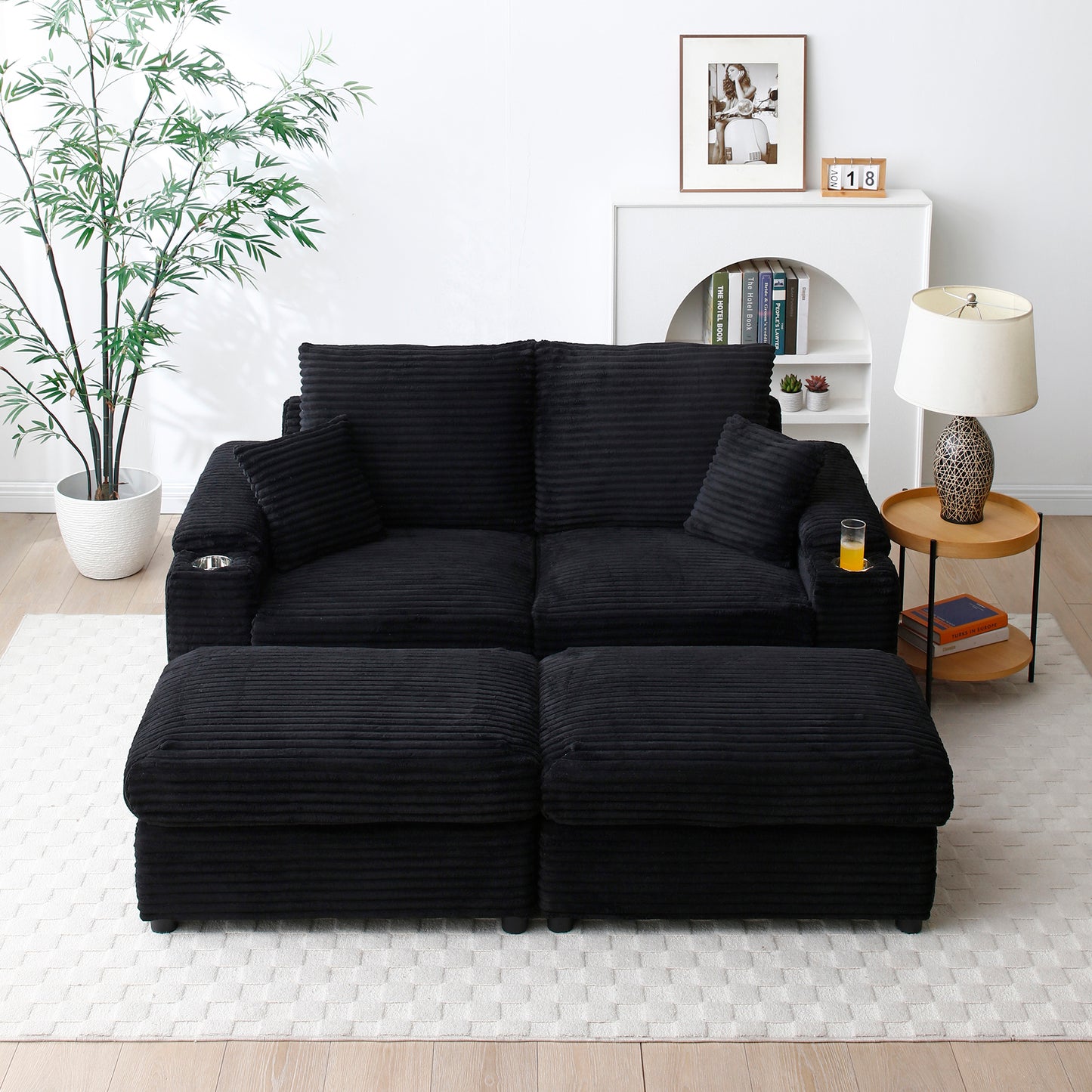 Loveseat with Ottomans, Corduroy Modular Sofa, Deep Plush, Black