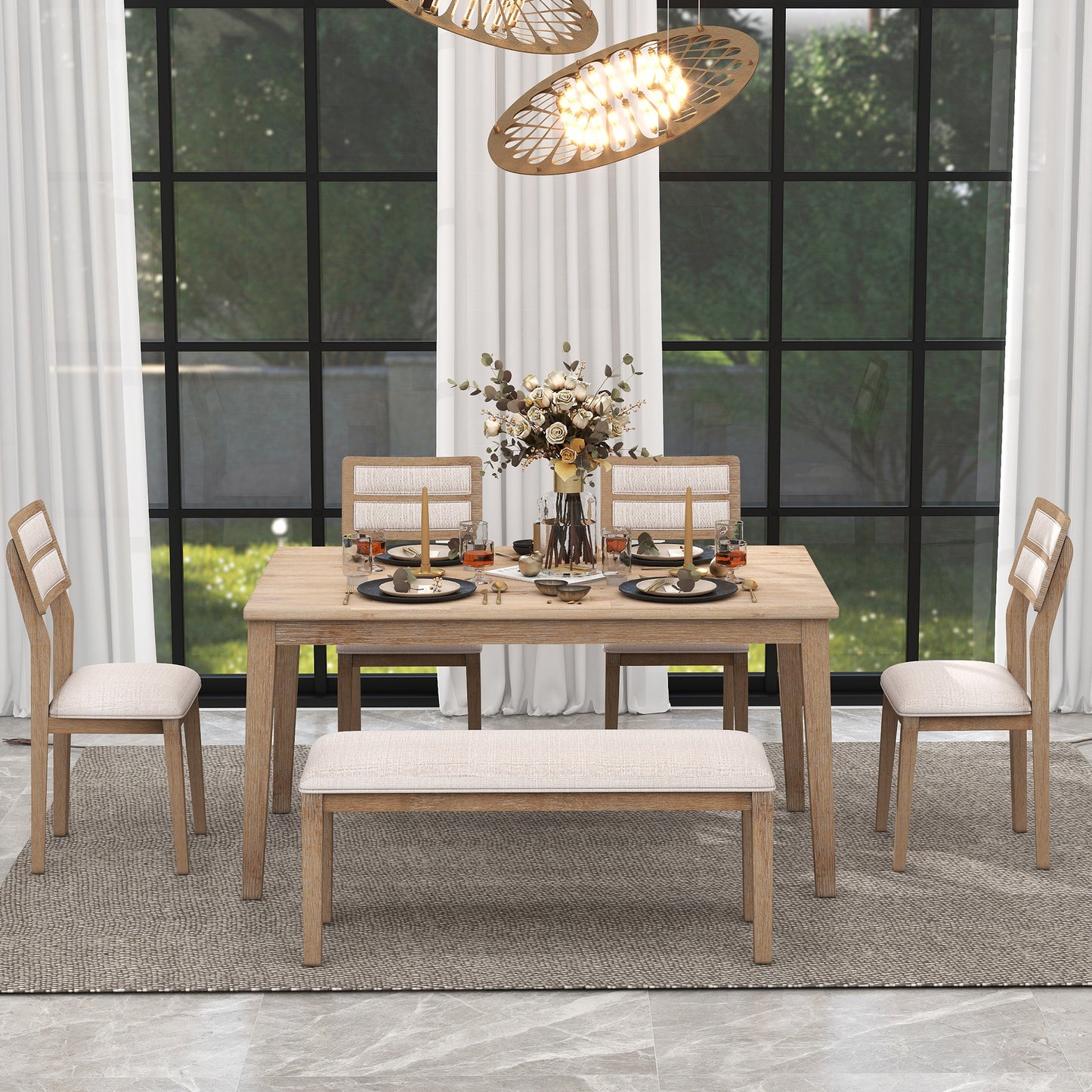 6-piece traditional dining set with upholstered chairs and bench, natural wood wash