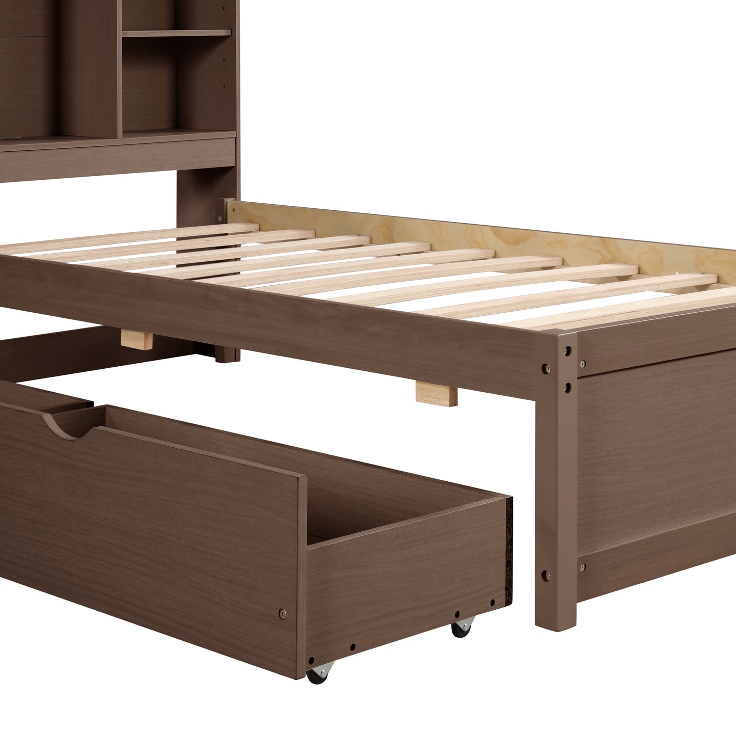 Modern twin bed frame with USB port, bookcase headboard, and drawers, walnut