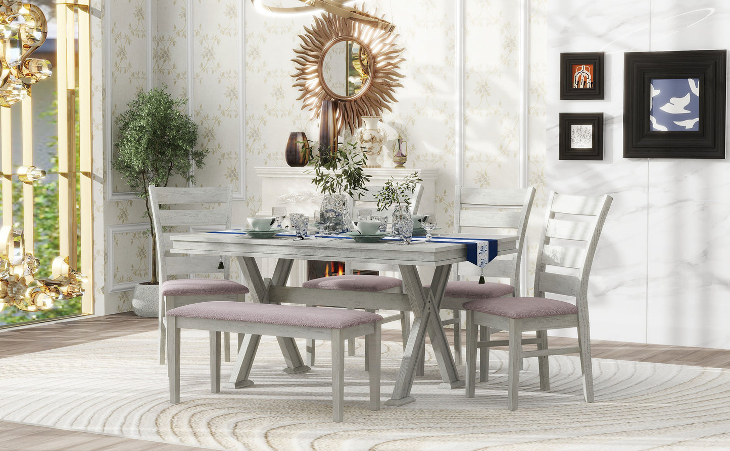 6-piece retro dining set with unique legs, white table, upholstered chairs, and bench